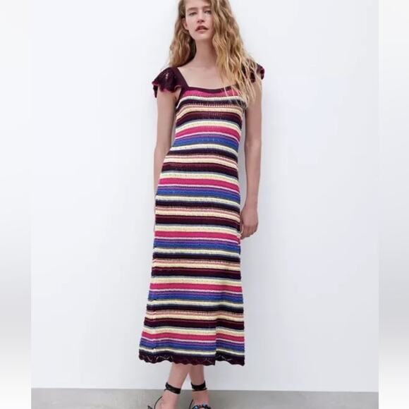 NWT Zara Special Edition Crochet Colorful Flutter Sleeve Maxi Sheer Dress Size S - Picture 1 of 8